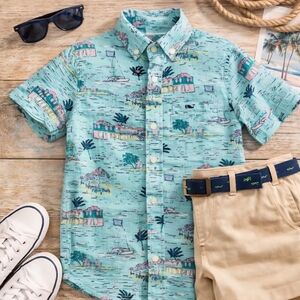 Vineyard Vines Boys L Whale Shirt “Whale Island” Coastal Print Button Down